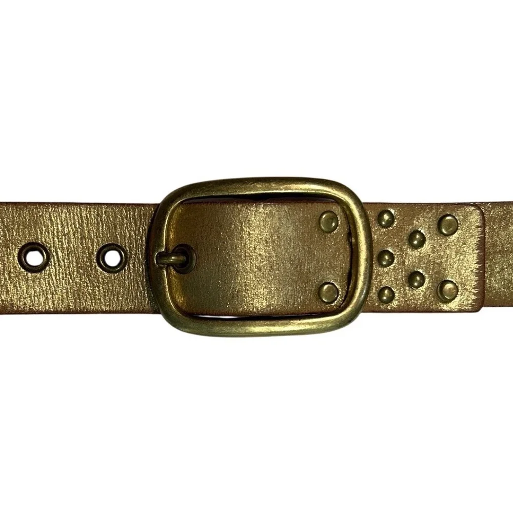 Womens Distressed Metallic Gold Studded Leather Belt Wide Brass Buckle L (33-37)